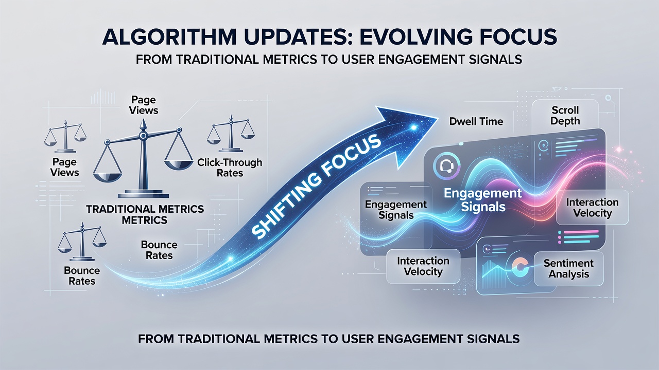 Graph comparing historical ranking factors like backlinks against modern engagement metrics including time on page and interaction rates across multiple algorithm versions